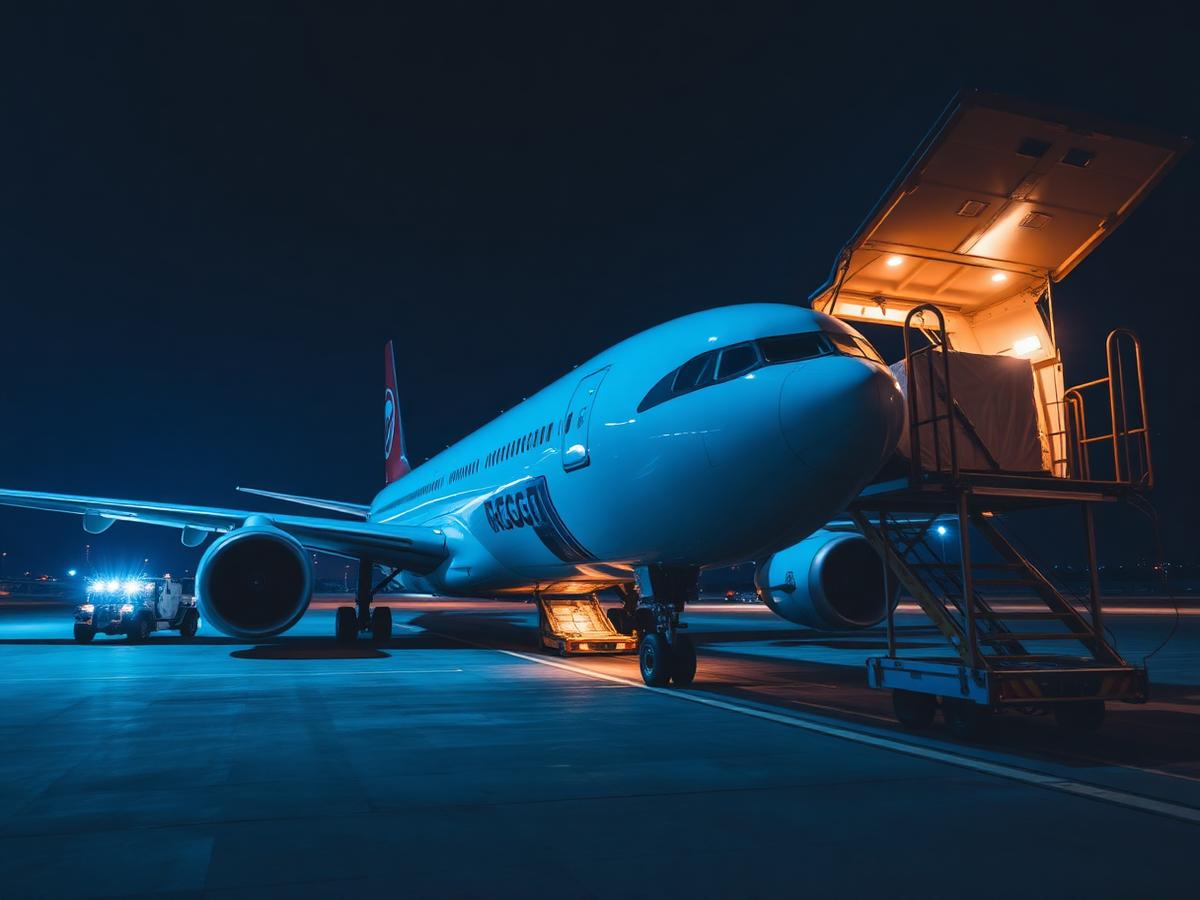 Cargo aircraft being loaded on an airport apron at night