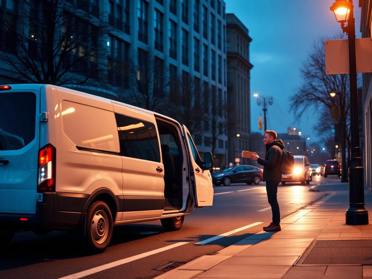 Courier delivering a parcel from a delivery van on a city street