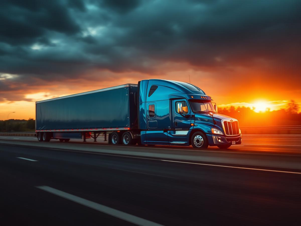 Swift Haul articulated truck on a highway at sunset